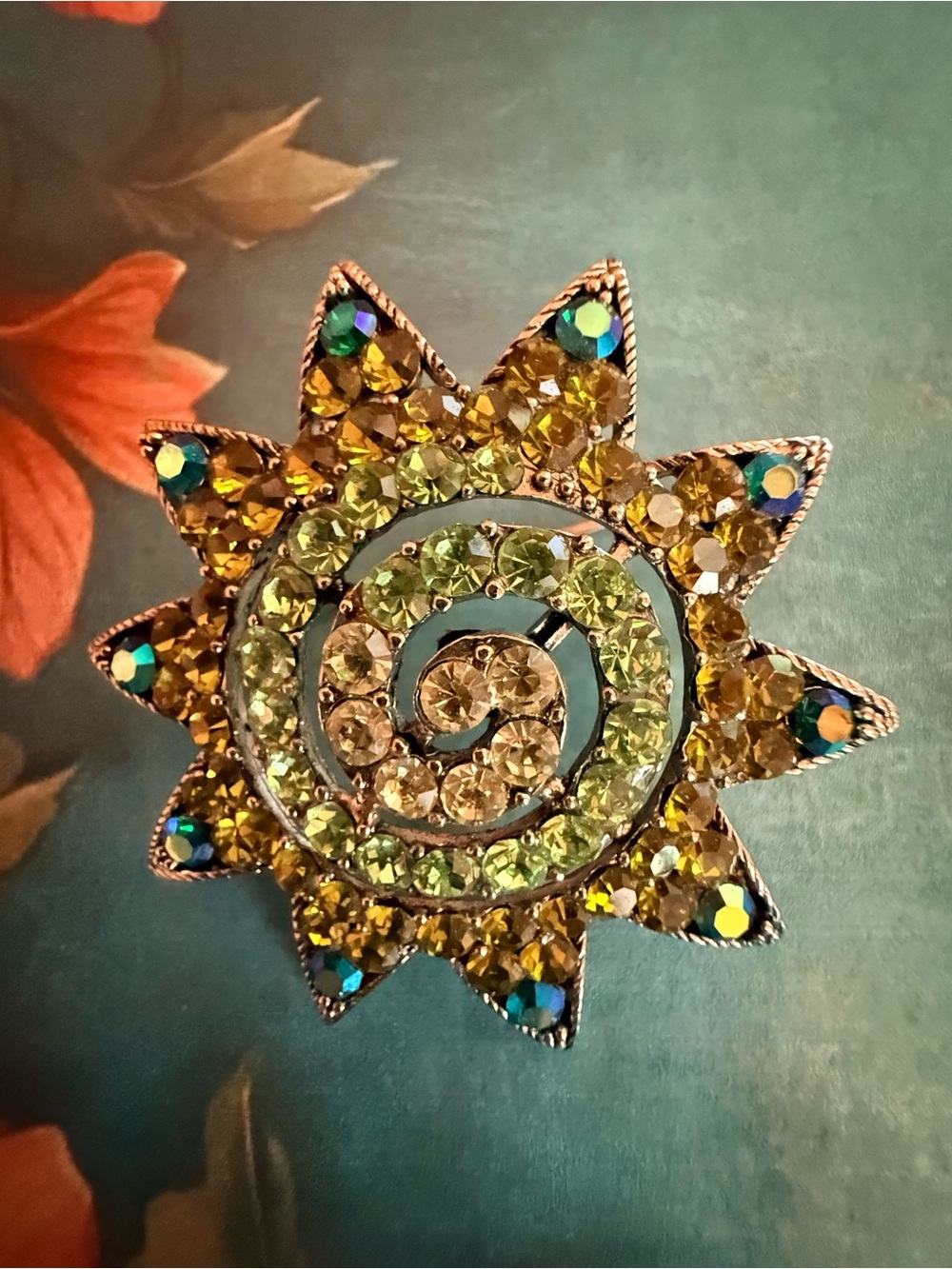 Sparkling Green Sunburst Crystal Statement Brooch